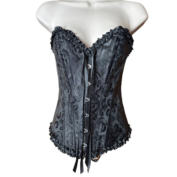 Vintage Pin Up Black Jacquard Floral Lace Up Boned Frilly Corset Bustier Top S - Picture 1 of 10